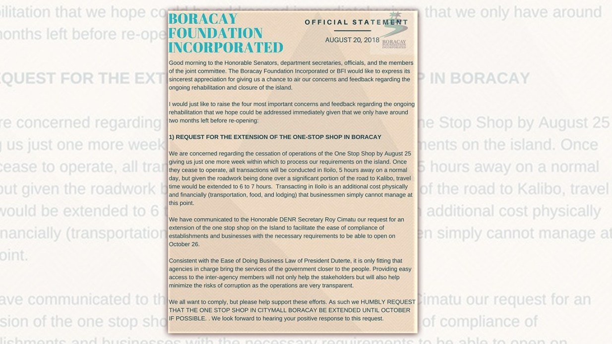 Boracay Foundation Inc Official Statement Page 1. re Compliancy Issues ahead of Boracay Opening