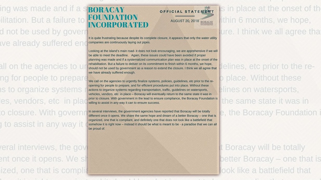 Boracay Foundation Inc Official Statement Page 1. re Compliancy Issues ahead of Boracay Opening