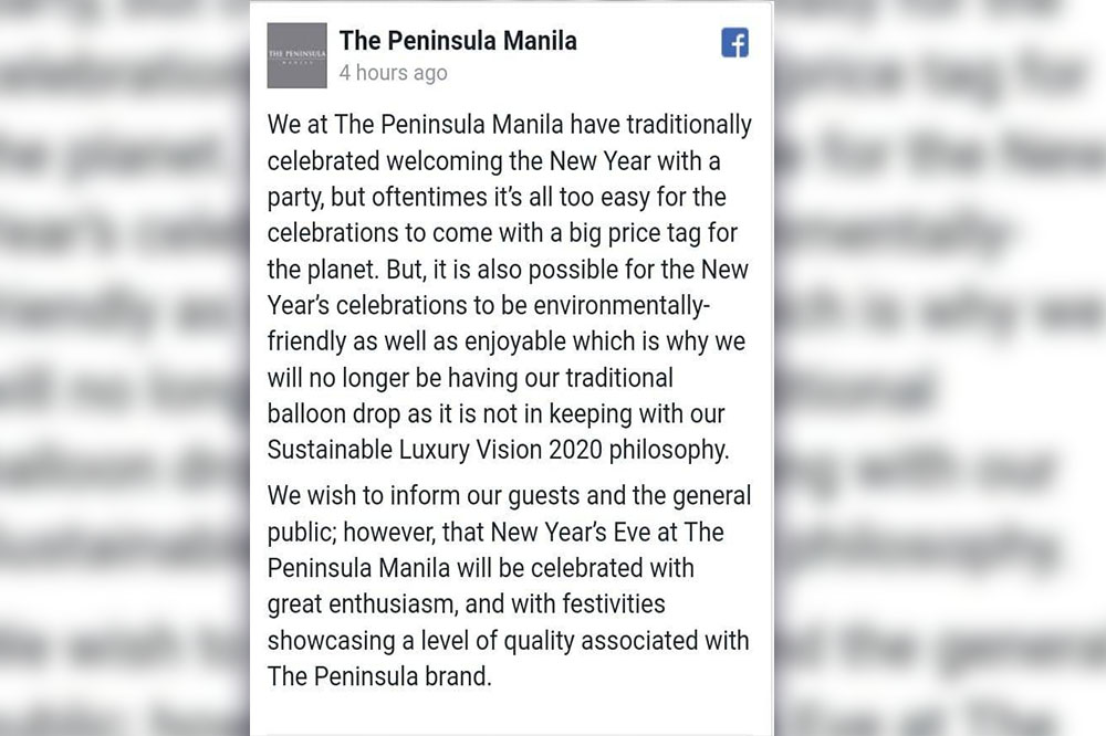 The Peninsula Manila cancels its NY Balloon Confetti Drop as part of its sustainability Visions