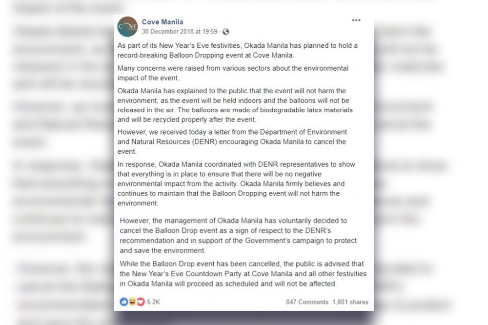 Cove Manila cancels its NY Balloon Confetti Drop 2018