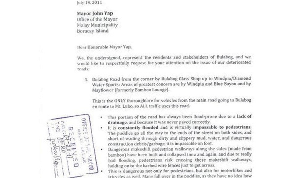 Inside Boracay: Week 13 View Letter sent to Boracay Mayor. Photo Credit Freida Dario-Santiago