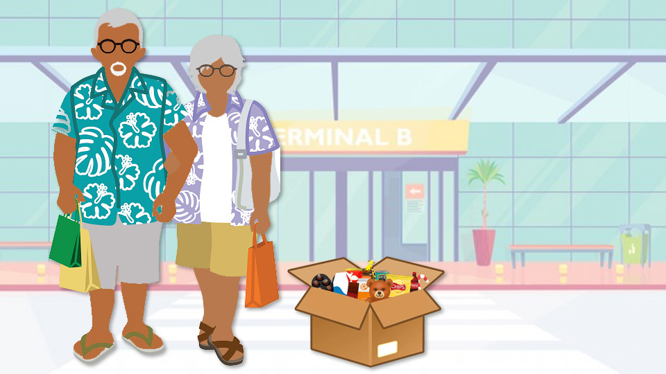 Two elderly filipino's standing in front of an airport with a box of gifts. Article 10 Type of Hotel Guests by MY RANGGO Hospitality Magazine