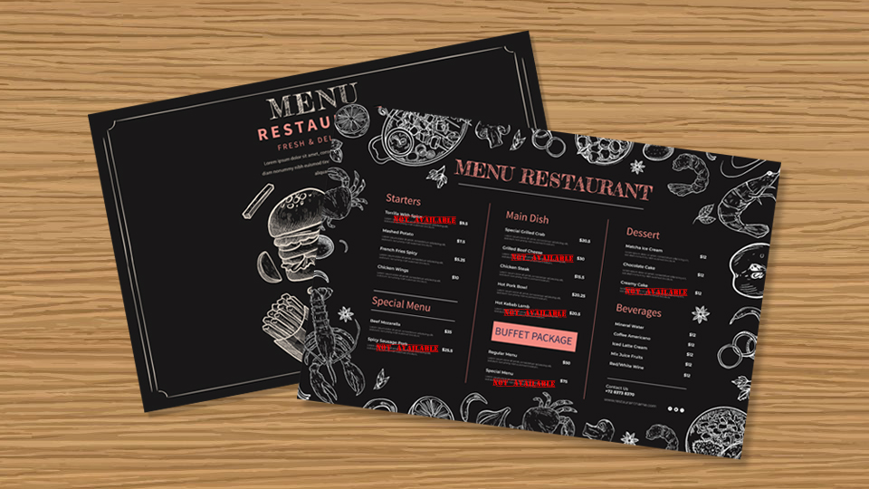 a restaurant menu with Not Available written on a lot of the dishes, as an effect of the pandemic. Article An Open Letter to Pandemic Hotel Guests by MY RANGGO Hospitality Magazine