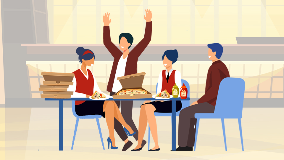 Manager and her team sharing a pizza together after work. 10 Tips for motivating employees by MY RANGGO Hospitality Magazine