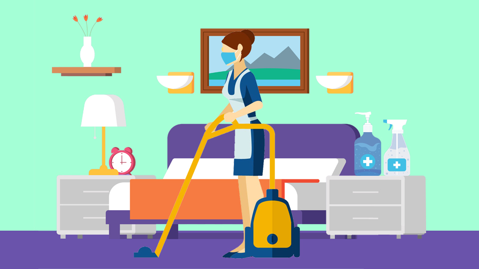Housekeeper cleaning a hotel room with additional alcohol spray. Article New Normal Hotel Best Practices by MY RANGGO Hospitality Magazine Philippines