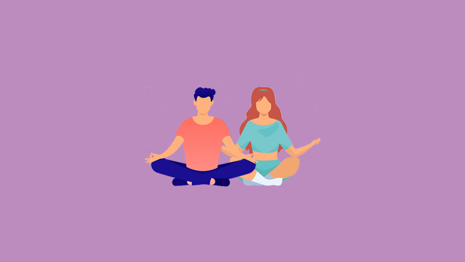 Two People Sitting in a meditation position, lilac background. Article Stress Buster Steps by MY RANGGO Hospitality Magazine