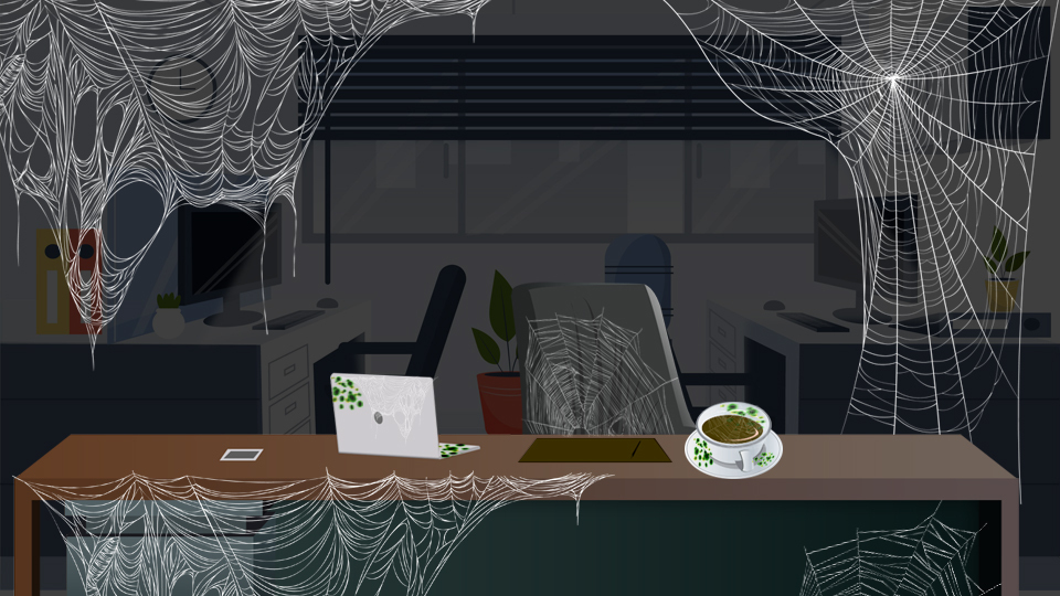 Office, desk and coffee cup covered in cobwebs and mould. Article Pandemic Unemployment by MY RANGGO Hospitality Magazine