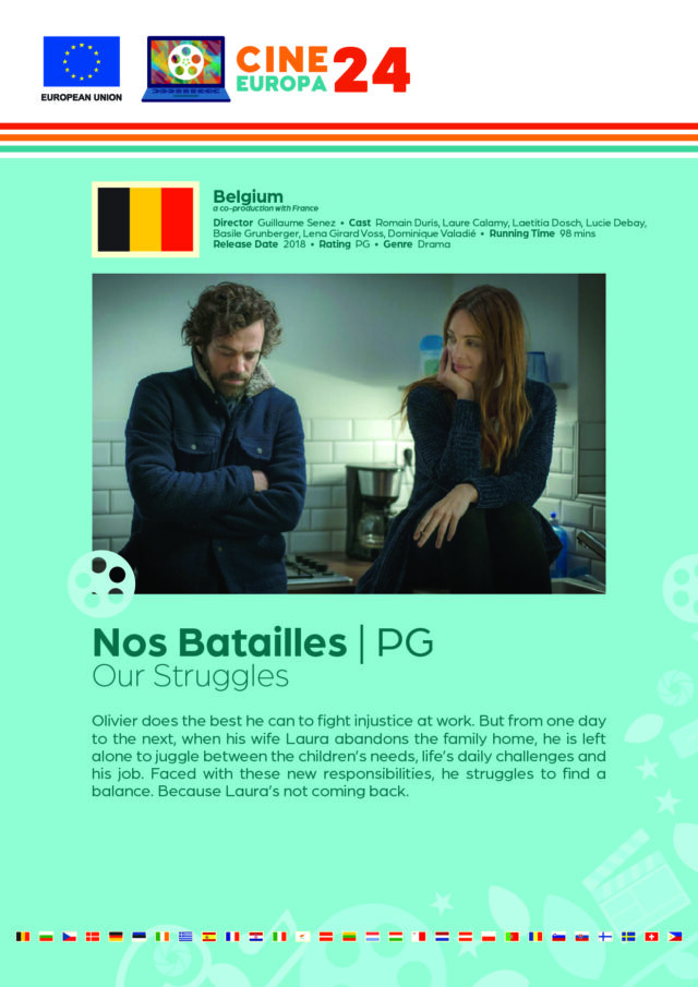 Poster giving synopsis for the European film Nos Batailles (Our Struggles) an entry in the Cine Europa 24 Film Festival