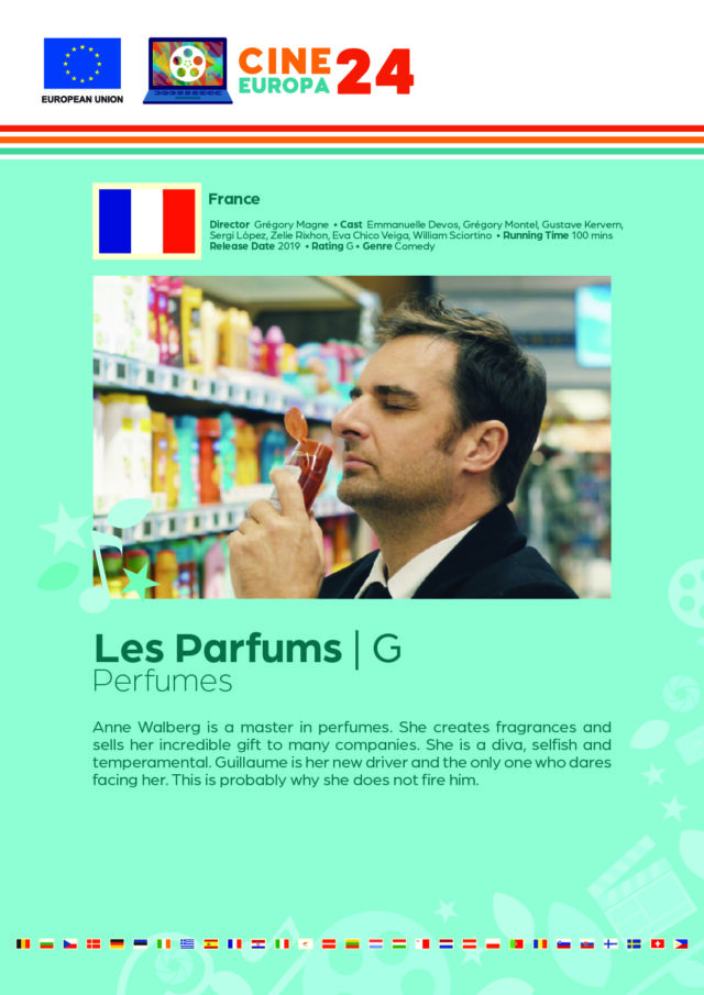 Poster giving synopsis for the European film Les Parfums (Perfumes) an entry in the Cine Europa 24 Film Festival