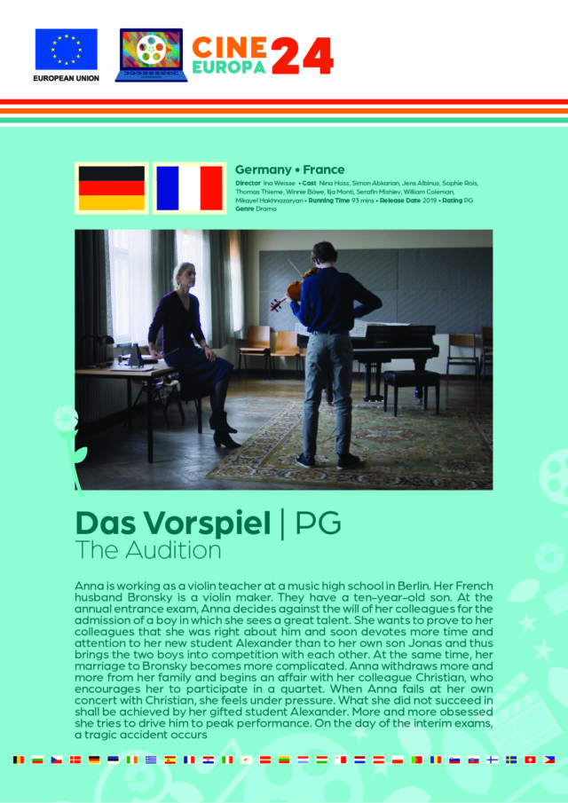Poster giving synopsis for the European film Das Vorspiel (The Audition), an entry in the Cine Europa 24 Film Festival