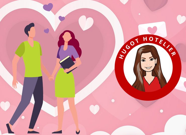 man and woman standing inside a white outlined heart, with a pink background. Article 10 Signs You Are Dating A Hotelier by MY RANGGO Hospitality Magazine
