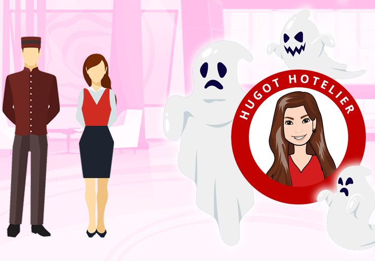 Two Hoteliers standing in a lobby with three ghosts. Article Hospitality Horror Stories by MY RANGGO Hospitality Magazine