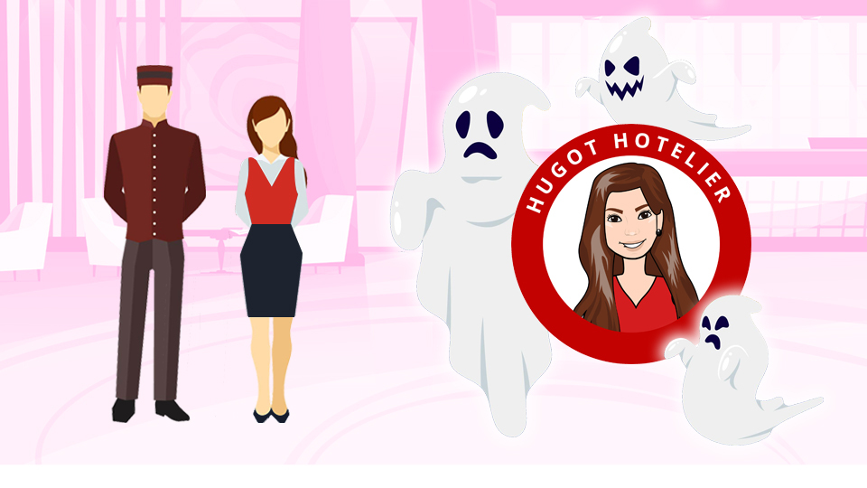 Two Hoteliers standing in a lobby with three ghosts. Article Hospitality Horror Stories by MY RANGGO Hospitality Magazine