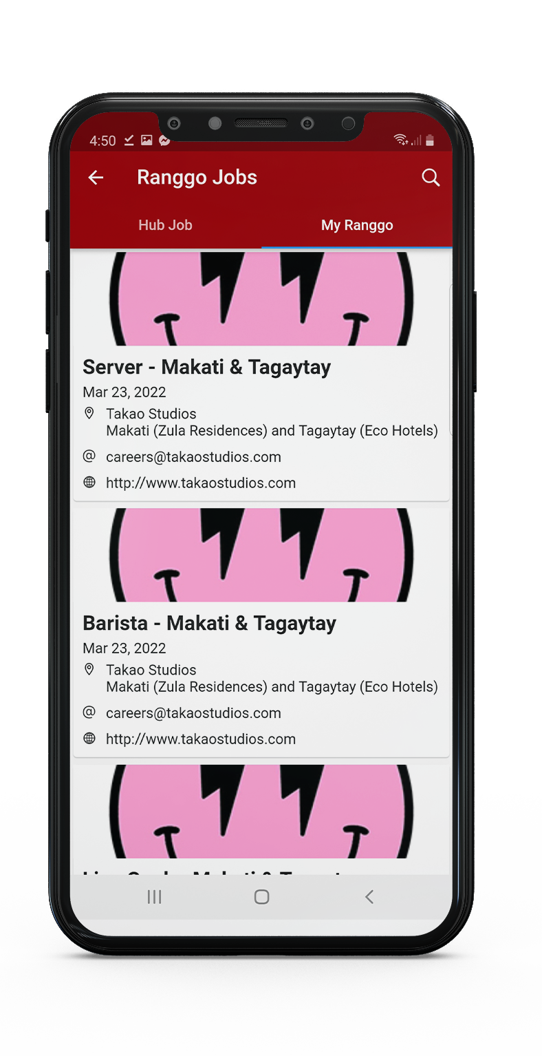 RANGGO App Features Job Listings showing on a cellphone screen