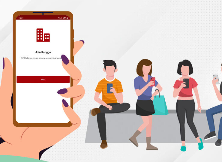 Hand holding a phone with the set-up page for the RANGGO App, 4 people in the background on their phones. Employee Guide to Subscribing to the RANGGO App