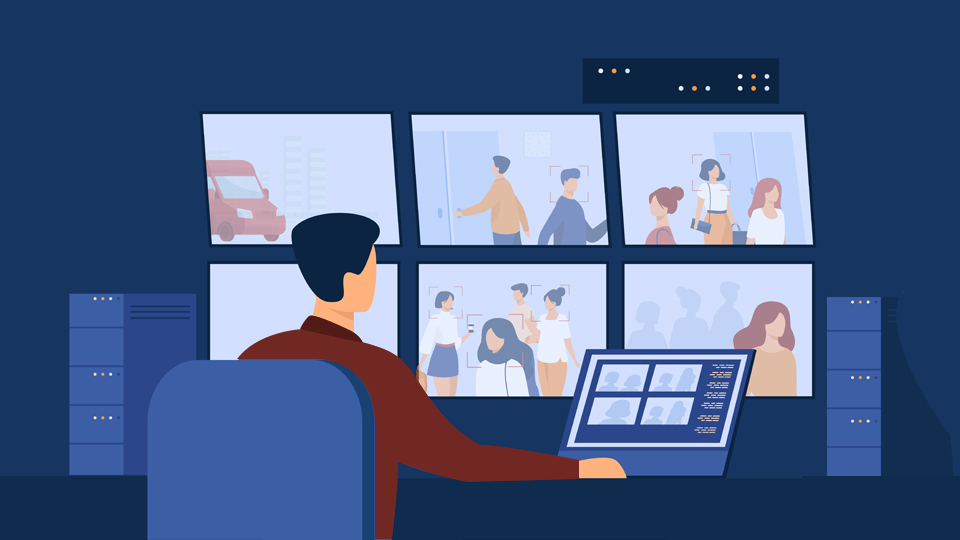 A security officer sitting in front of 6 screen monitors.  Article Hospitality Safety Tips