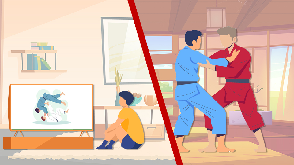 Split screen image, on the left a person is watching a self-defense video.  On the left two people are practicing martial arts.  Article Hospitality Safety Tips by MY RANGGO Hospitality Magazine