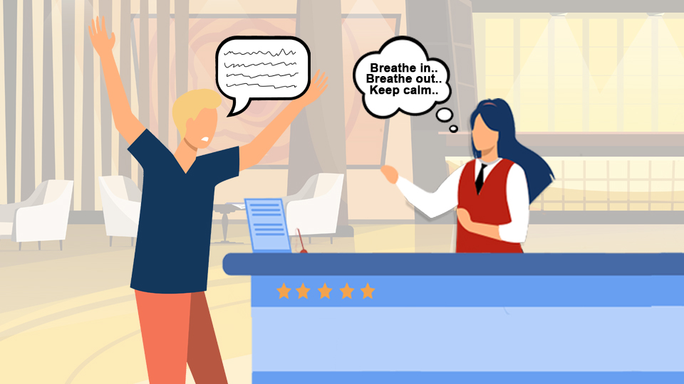 An angry hotel guest yelling in front of a Front Desk Officer who is thinking "Just breathe". Article: How to Keep Your Cool in Hospitality by MY RANGGO Hospitality Magazine Philippines
