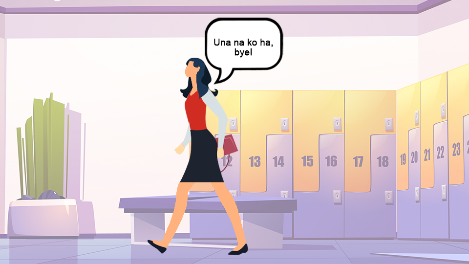 A female hotelier quickly leaving the hotel employee locker room