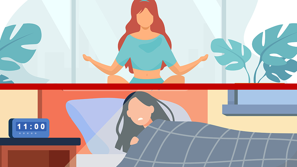 Split Screen of one woman meditating and the other sleeping in and catching up on her rest. Wellness and Self-care tips for hoteliers