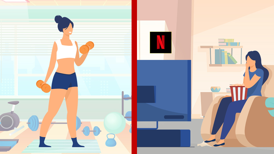 Split screen on the left a woman is at the gym on the right a woman is sat watching Netflix