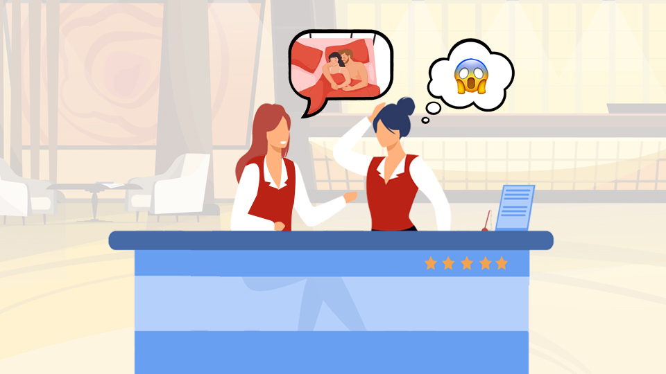 Two hoteliers working front desk, there is a speech bubble above one with a sex scene in it.  The 2nd Hotelier has a thought bubble with a shocked emoji.  Article: Taboo Topics in the Hospitality Industry by MY RANGGO Hospitality Magazine Philippines