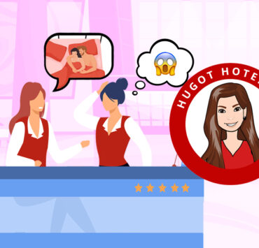 Two hoteliers working front desk, there is a speech bubble above one with a sex scene in it. The 2nd Hotelier has a thought bubble with a shocked emoji. Article: Taboo Topics in the Hospitality Industry by MY RANGGO Hospitality Magazine Philippines