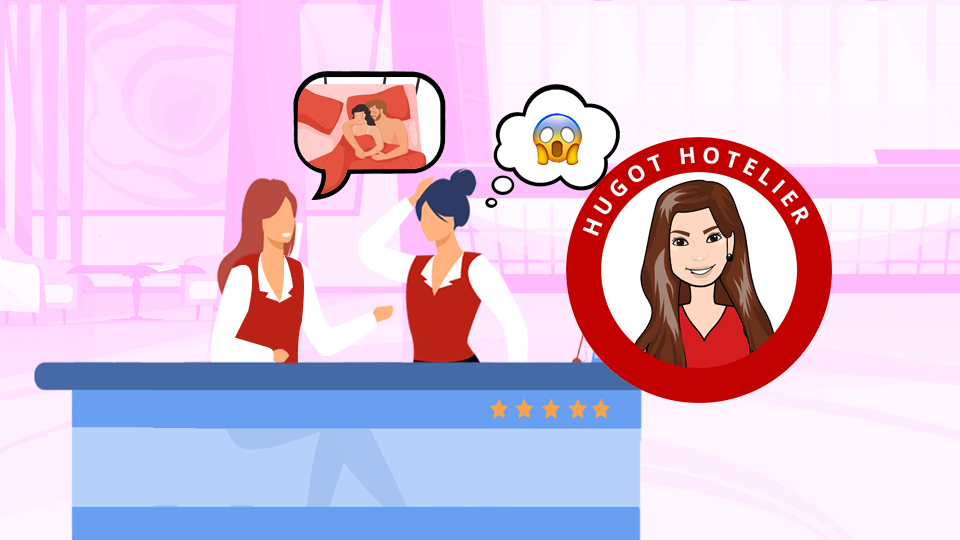 Two hoteliers working front desk, there is a speech bubble above one with a sex scene in it. The 2nd Hotelier has a thought bubble with a shocked emoji. Article: Taboo Topics in the Hospitality Industry by MY RANGGO Hospitality Magazine Philippines