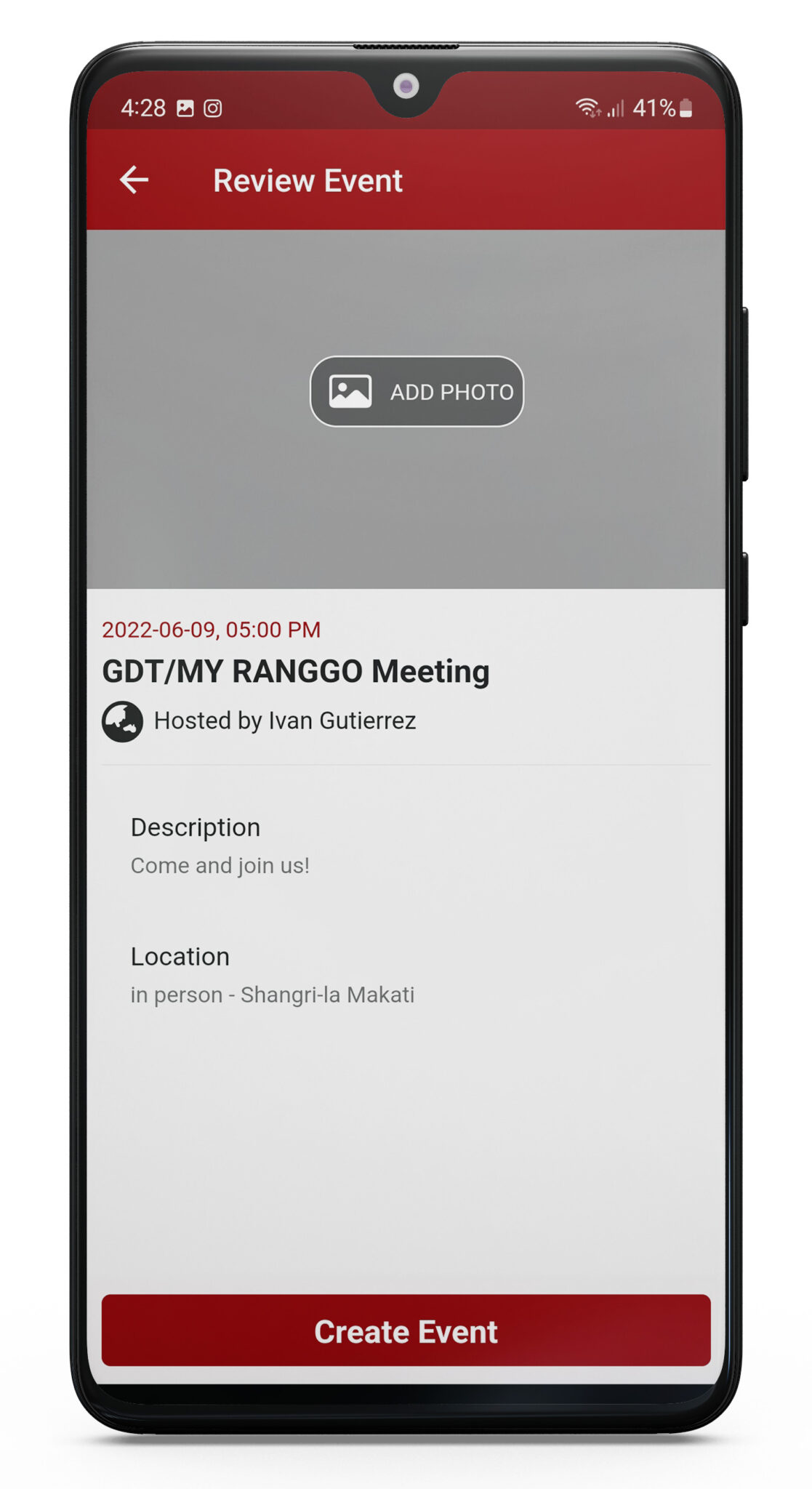 Final step when create and share events on RANGGO App