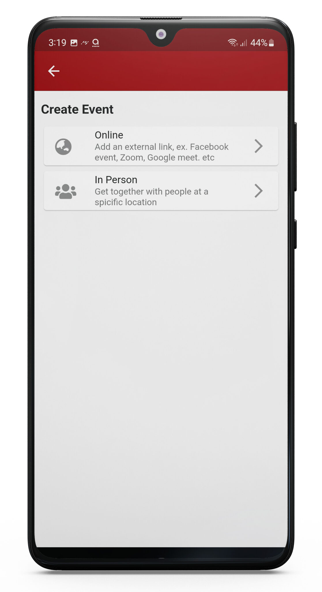Screen showing two options to create and share events on the RANGGO App