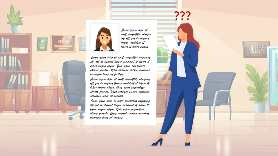 Graphic of a Hiring Manager looking at a Resume, with an enlarged view of a resume which has an illegible font