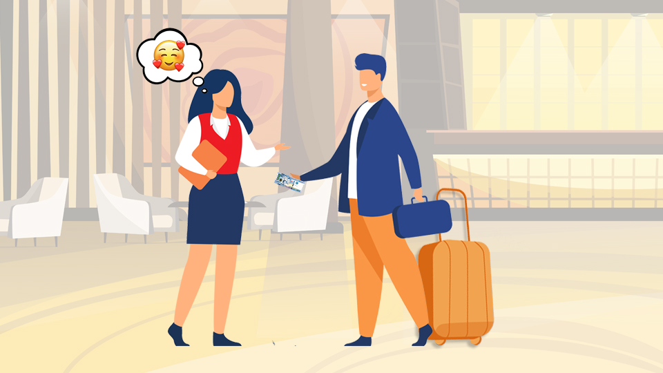 A hotelier with heart emoji's above her head in response to receiving a tip from a happy guest who is checking out with his luggage
