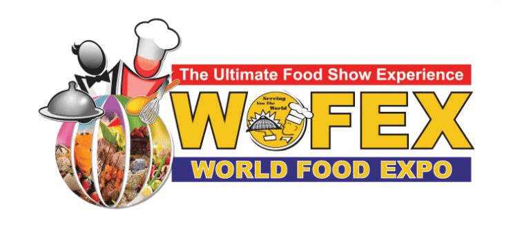 WOFEX 2023 Official Logo, Text in yellow, red and blue with a globe to the left, chef hat and cups and saucers