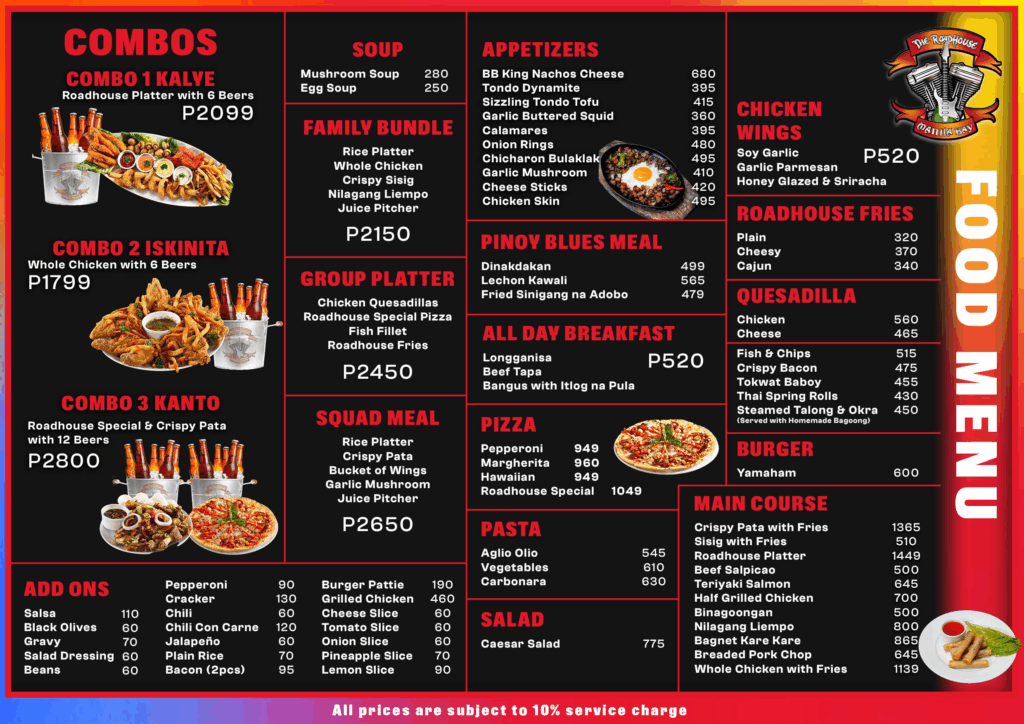 A Picture of the Food Menu of The Roadhouse Manila Bay, Philippines